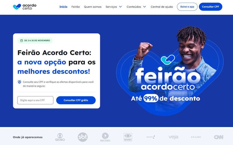 Página inicial do site da loja Acordo Certo